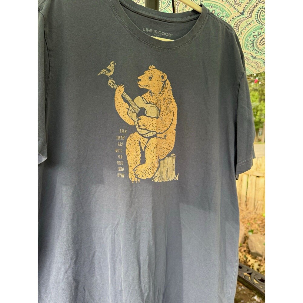 Life is Good Crusher Tee Men's XXL Gray Cotton Crew Neck Bear Guitar Graphic